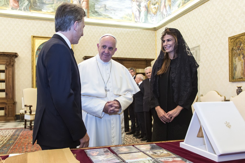 February 27 2016 : Pope Francis meets New President of Argentina Mauricio Macri and his wife Juliana Awada during a privite audience at the Apostolic Palace in the Vatican.