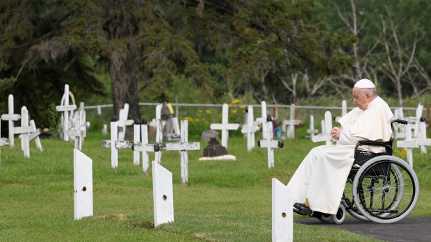 Pope Francis visiting the Ermineskin Cree Nation Cemetery in Maskwacis, south of Edmonton, western Canada