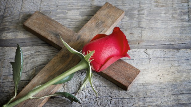 krzyż i róża leżą na drewnianym stole