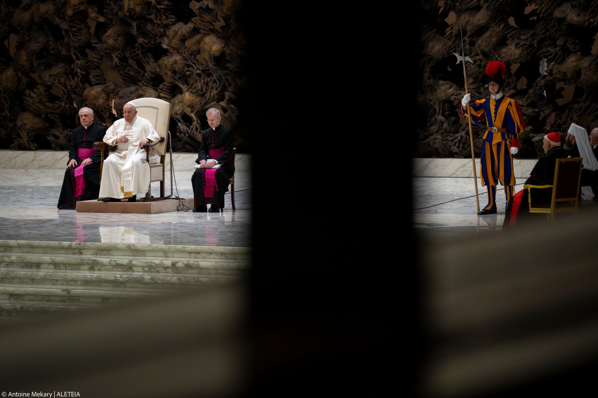 Pope Francis during his weekly general audience in Paul VI Hall at the Vatican on February 14, 2024