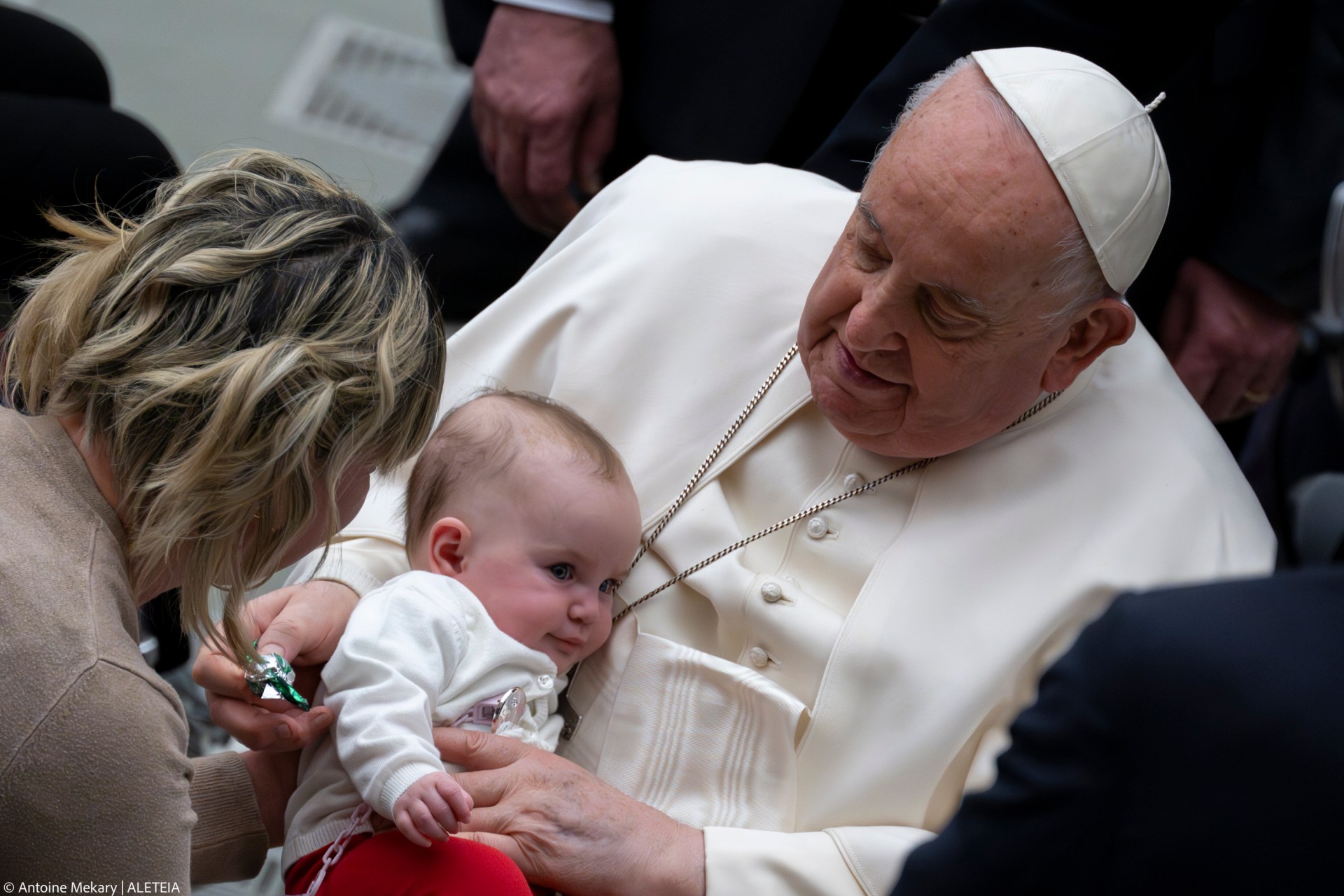 Pope Francis blesses faithful at the end of his weekly general audience in Paul VI Hall at the Vatican on February 14, 2024