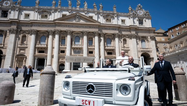 Pope Francis leaves on the popemobile at the end of the weekly general audience on June 12, 2024 at St Peter's square in The Vatican.