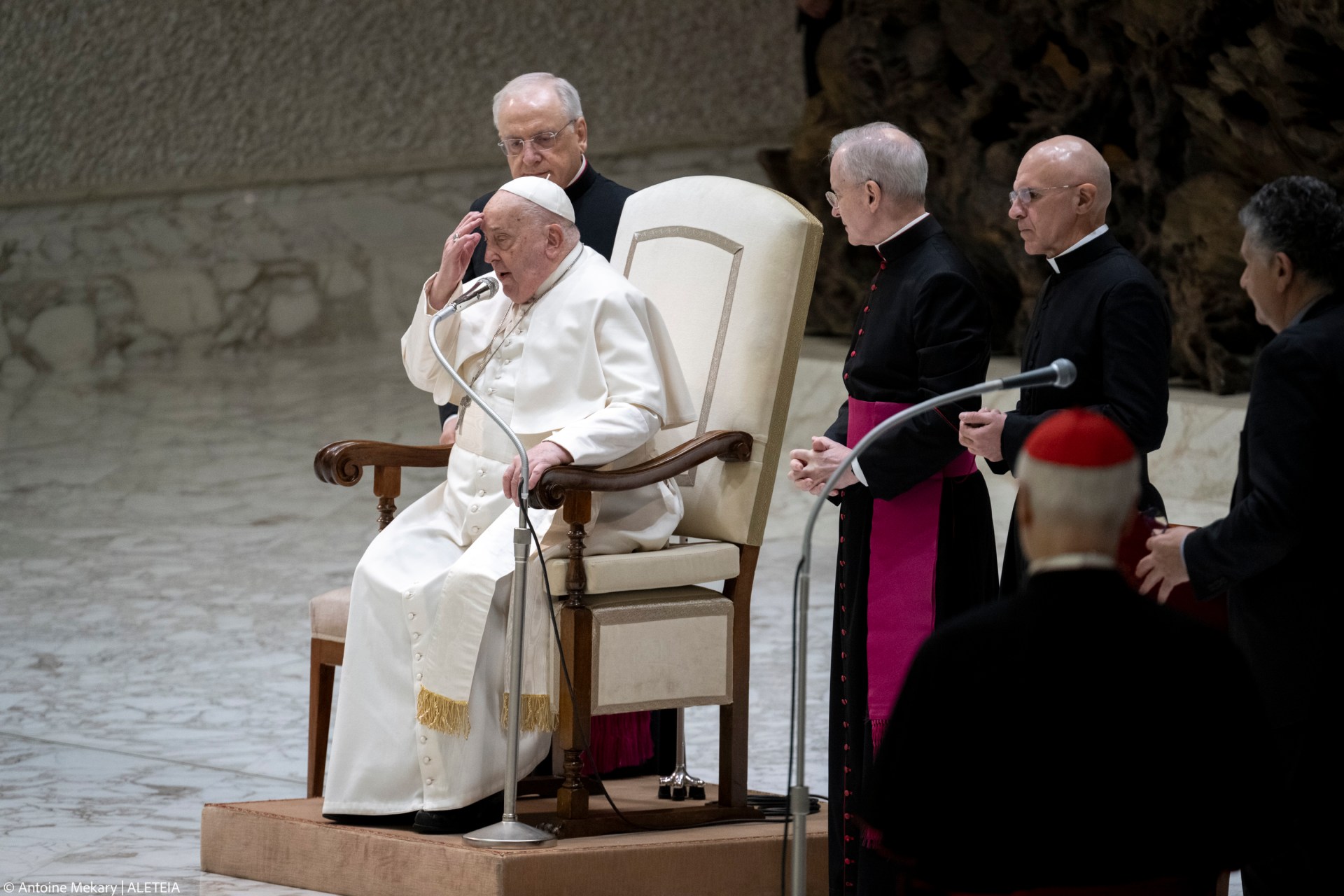 Pope Francis during his weekly general audience in Paul VI Hall at the Vatican on February 12, 2025