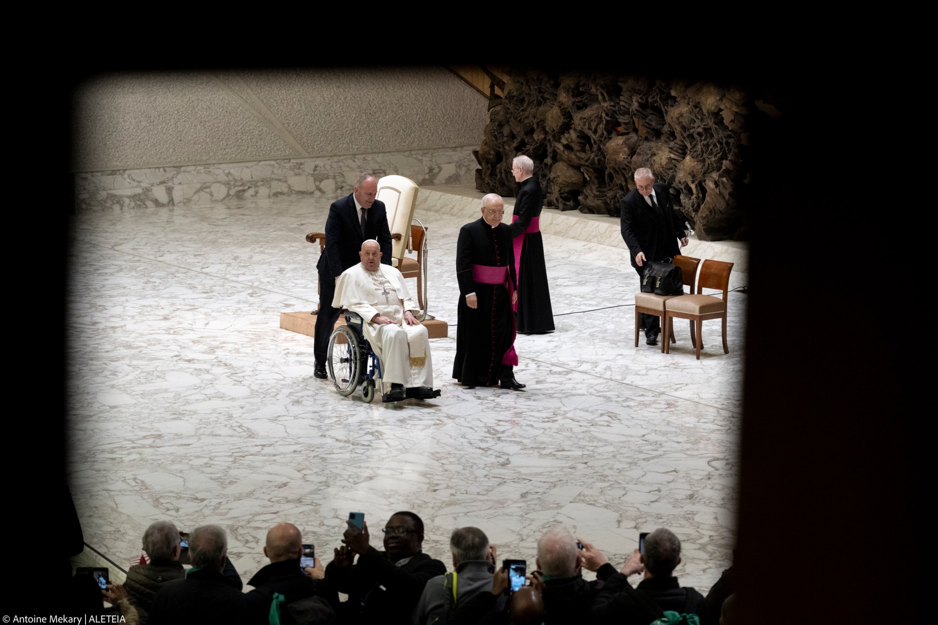 Pope Francis during his weekly general audience in Paul VI Hall at the Vatican on February 12, 2025