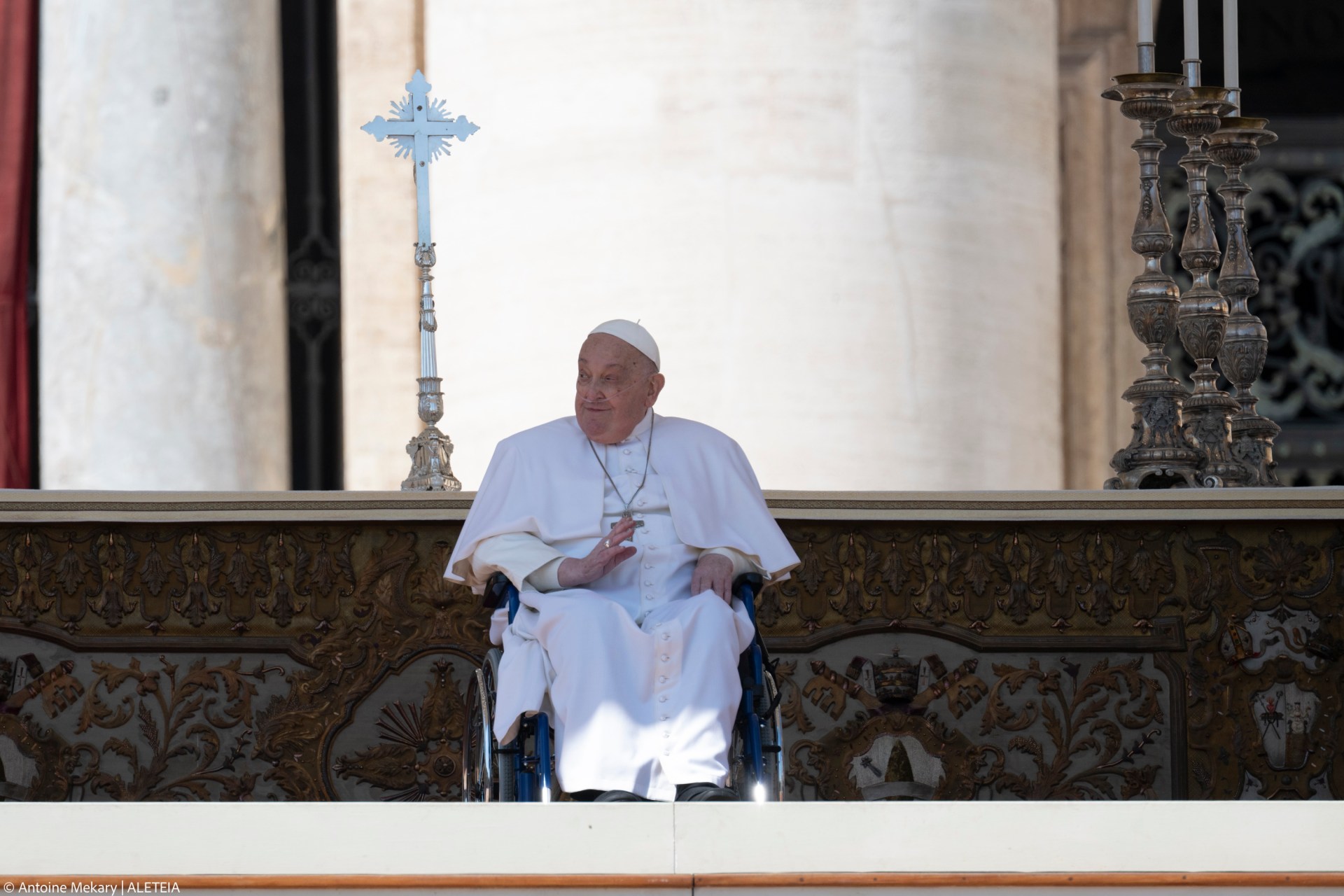Pope Francis is pushed in a wheelchair on St. Peter's square to conduct the Angelus prayer in The Vatican, on April 6, 2025.