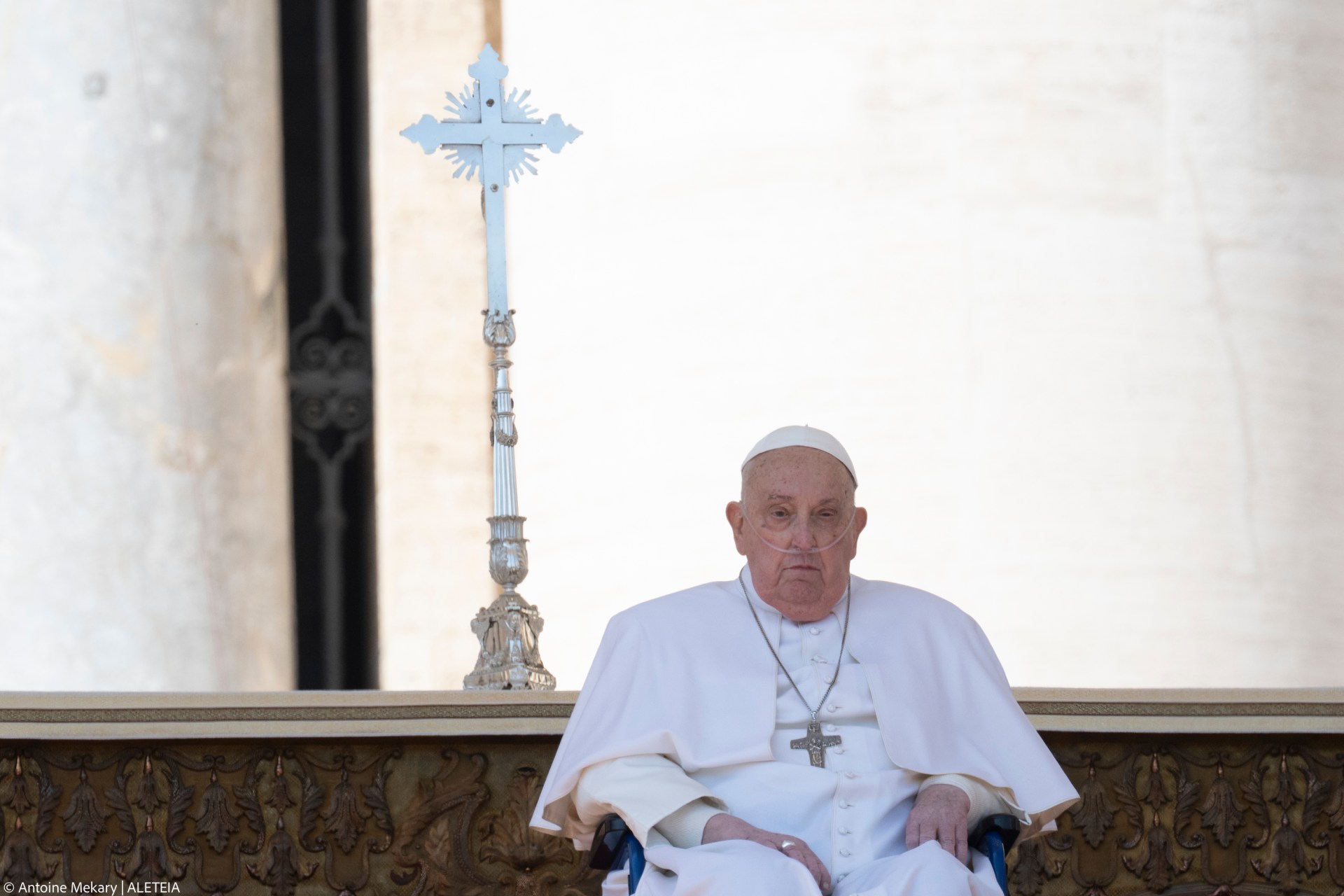 Pope Francis is pushed in a wheelchair on St. Peter's square to conduct the Angelus prayer in The Vatican, on April 6, 2025.