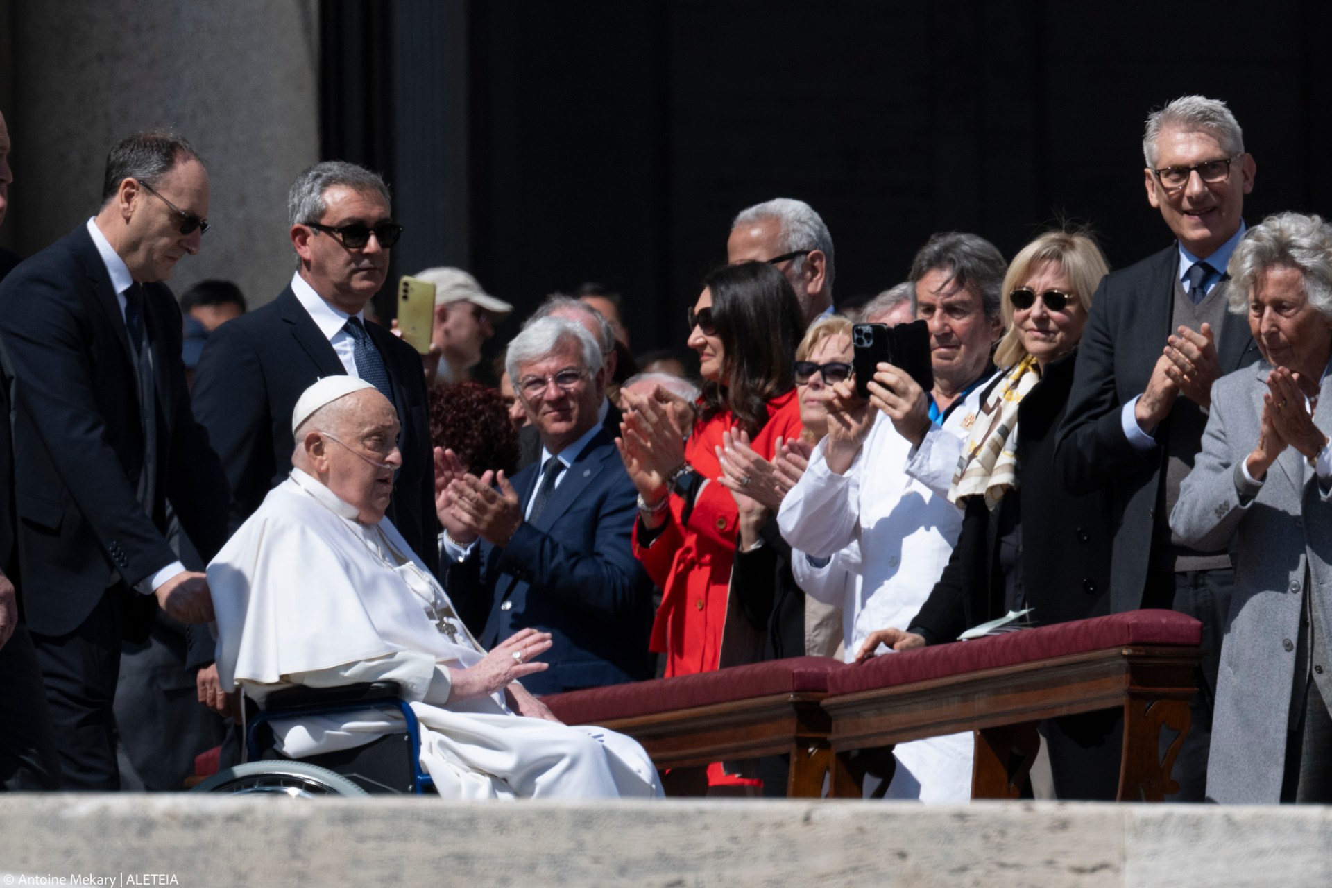 Pope Francis is pushed in a wheelchair on St. Peter's square to conduct the Angelus prayer in The Vatican, on April 6, 2025.